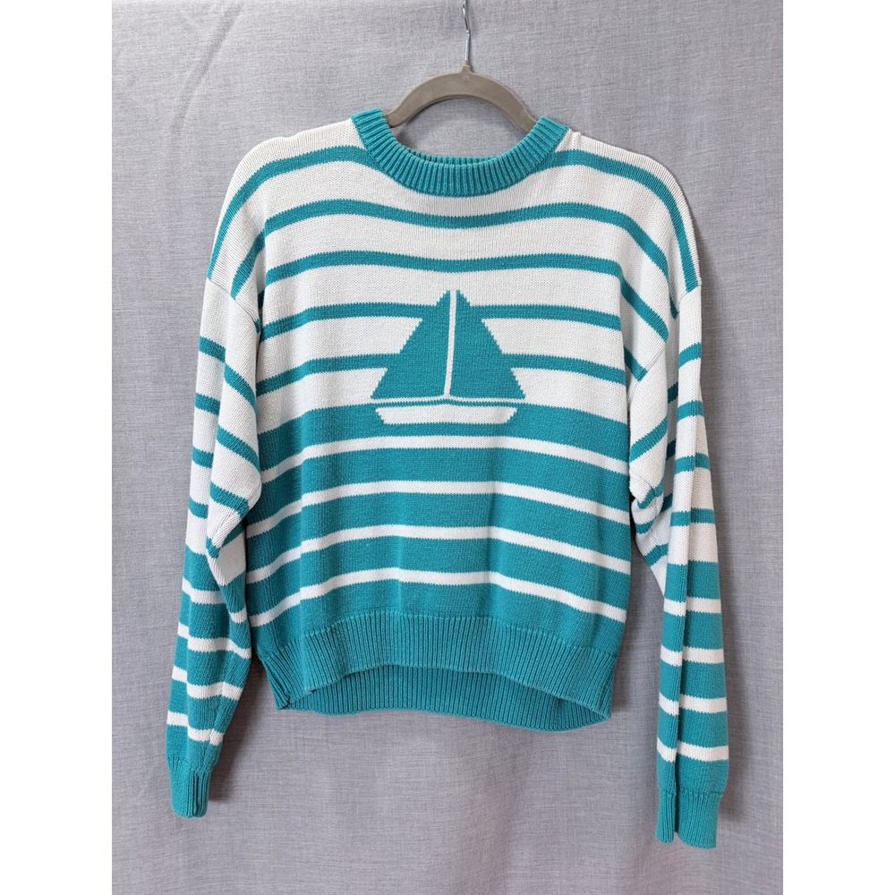Vintage Idioms Sailboat Sweater Large Teal White Striped 100% Cotton Nautical